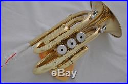 Sale! TOP Gold Lacquer Pocket Trumpet B-Flat Large bell horn with case