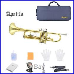 TRUMPET-Apelila Bb Key Brass Gold Lacquer Instrument Case Valve Mouthpiece Strap