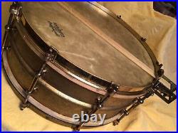 VERY NICE LUDWIG GOLD SUPER SNARE DRUM w CALF & GUT c1930 5x14 a SOLDERED BRASS