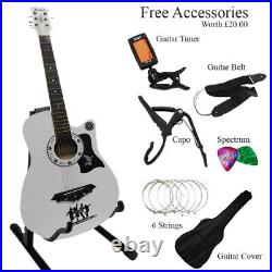 White Classic 6string 4/4 Size 38 Acoustic Guitar Pack With Stand + Accessories